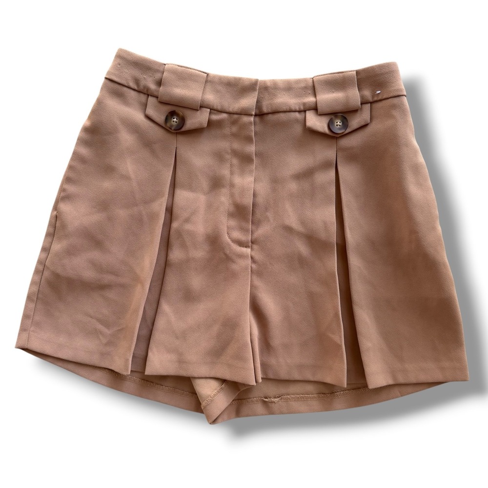 Express Womens 4 Tan Camel Brown Extreme High Rise Shortie Pleated Shorts Preppy